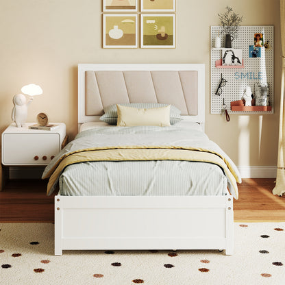Twin Upholstered Platform Bed with Storage Drawers and Solid Wood Frame