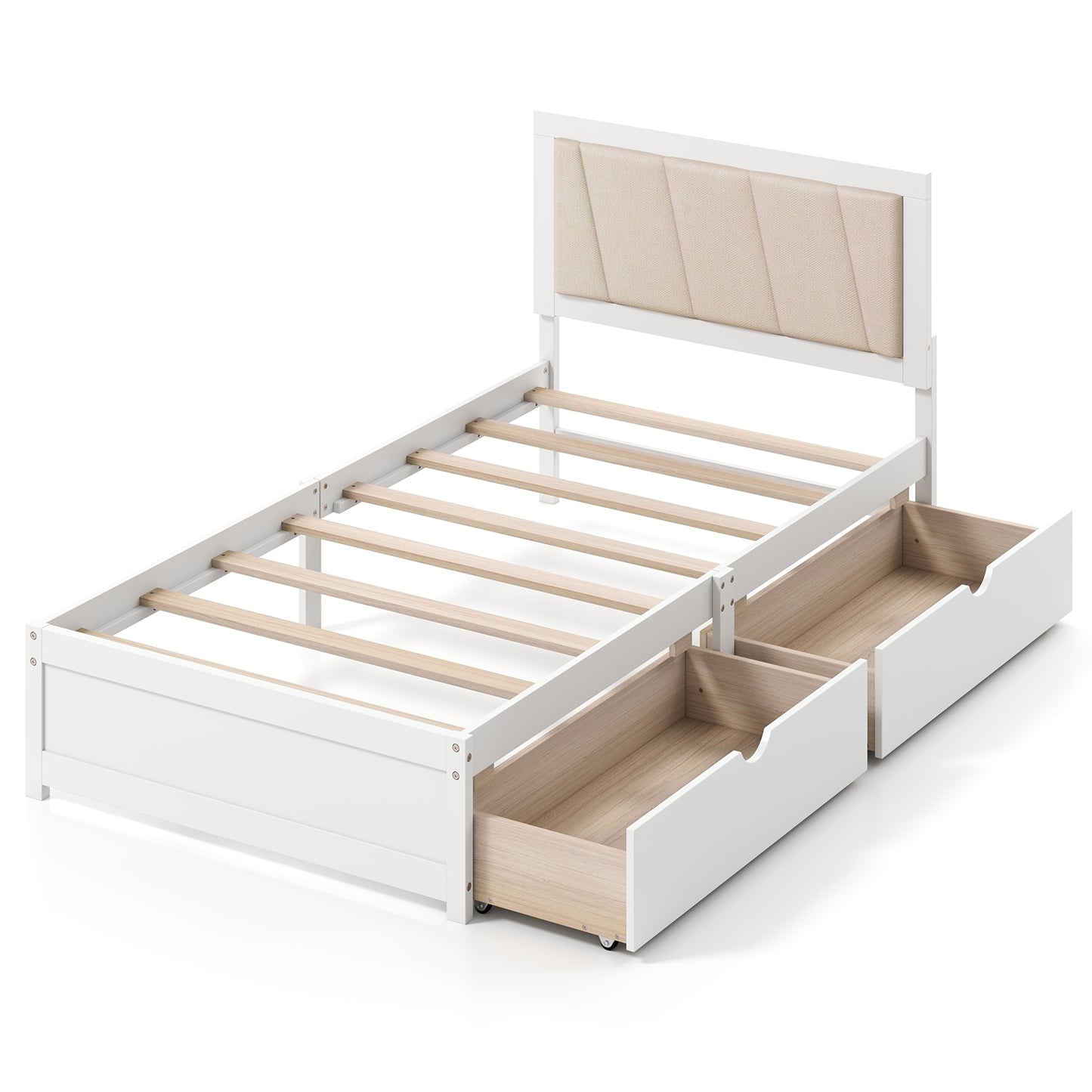Twin Upholstered Platform Bed with Storage Drawers and Solid Wood Frame