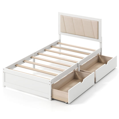 Twin Upholstered Platform Bed with Storage Drawers and Solid Wood Frame