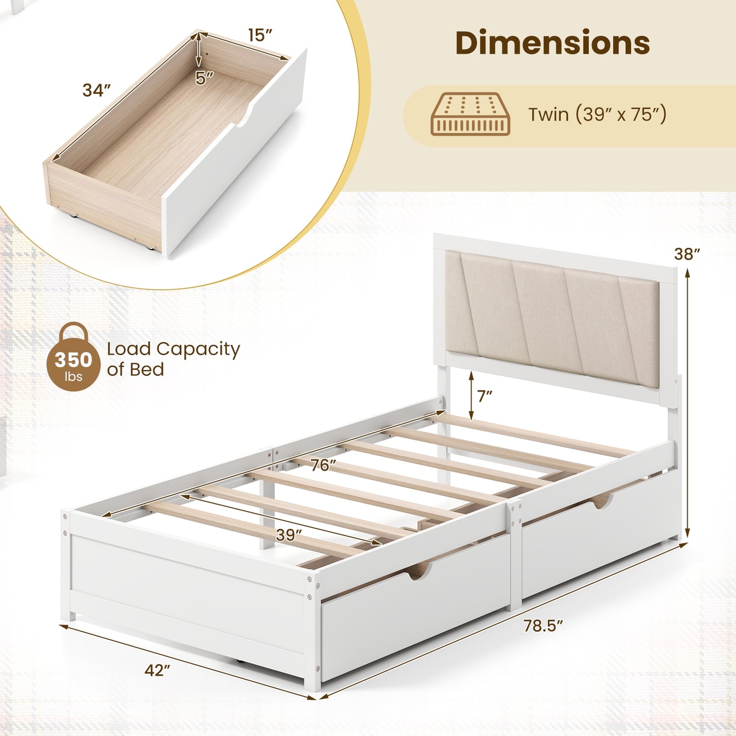 Twin Upholstered Platform Bed with Storage Drawers and Solid Wood Frame