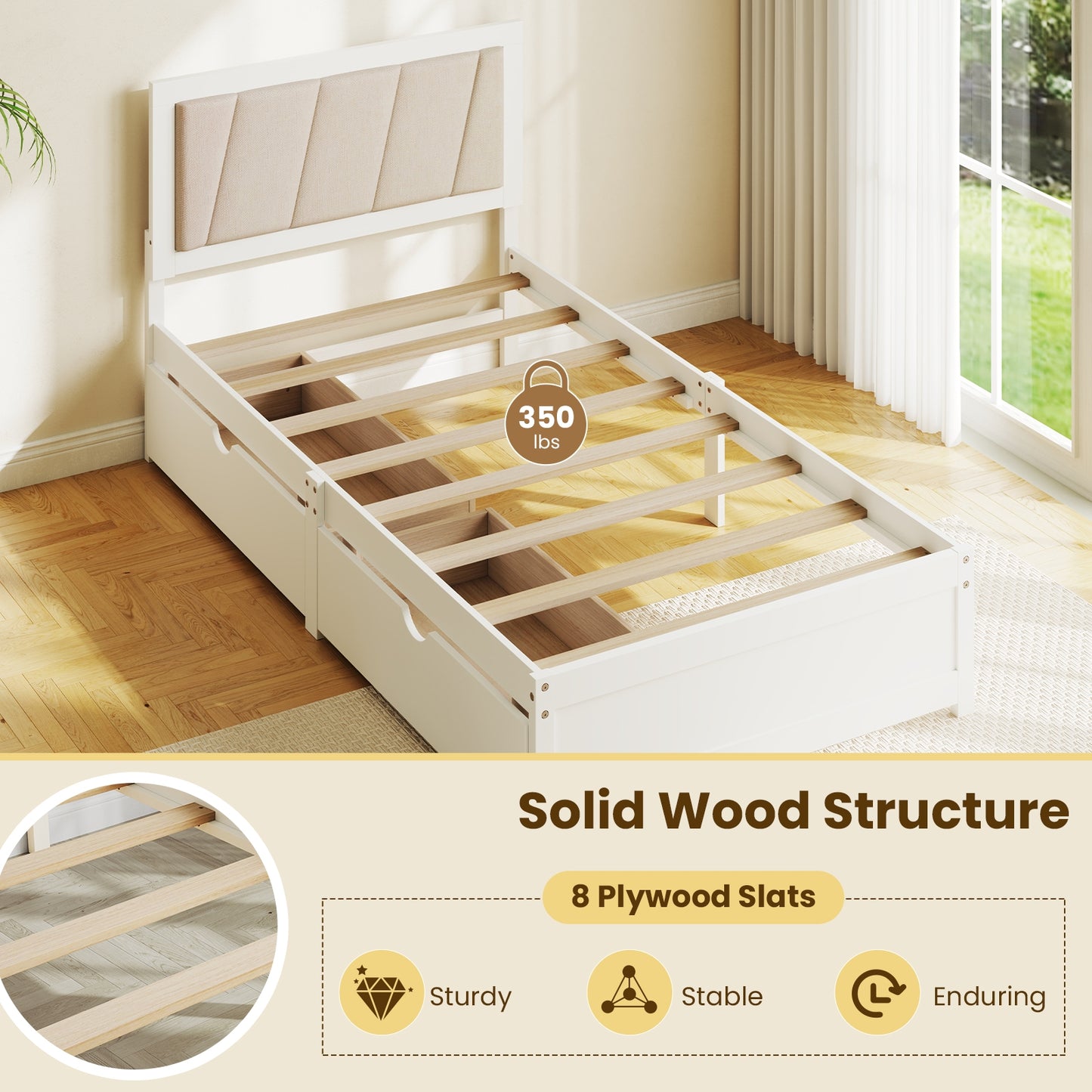 Twin Upholstered Platform Bed with Storage Drawers and Solid Wood Frame