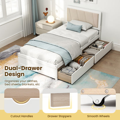 Twin Upholstered Platform Bed with Storage Drawers and Solid Wood Frame