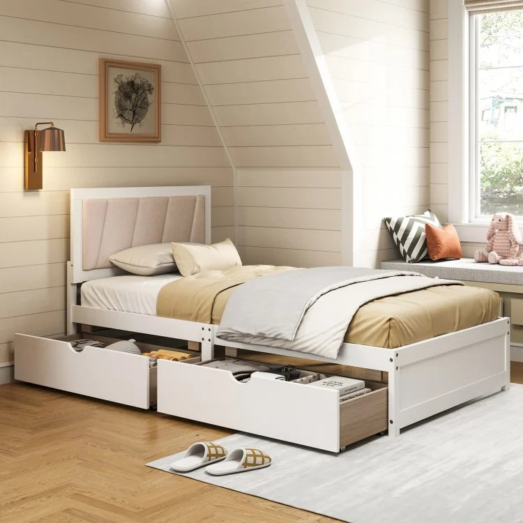 Twin Upholstered Platform Bed with Storage Drawers and Solid Wood Frame