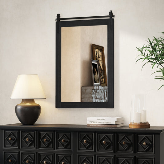Rustic Farmhouse Barn Door Wall Mirror with Solid Wood Frame - Black