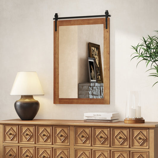 Rustic Farmhouse Barn Door Wall Mirror with Solid Wood Frame - Brown