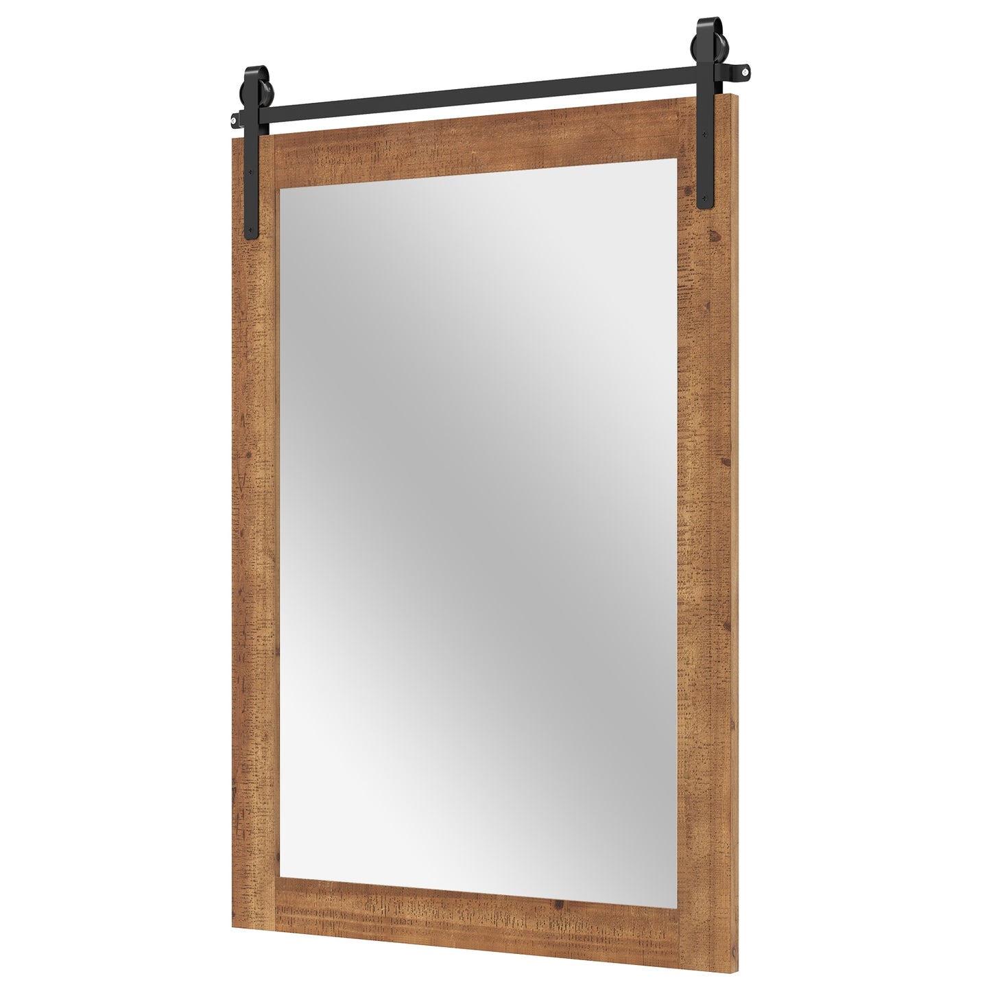 Rustic Farmhouse Barn Door Wall Mirror with Solid Wood Frame - Brown