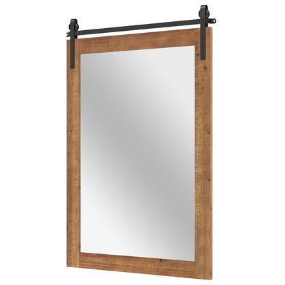 Rustic Farmhouse Barn Door Wall Mirror with Solid Wood Frame - Brown