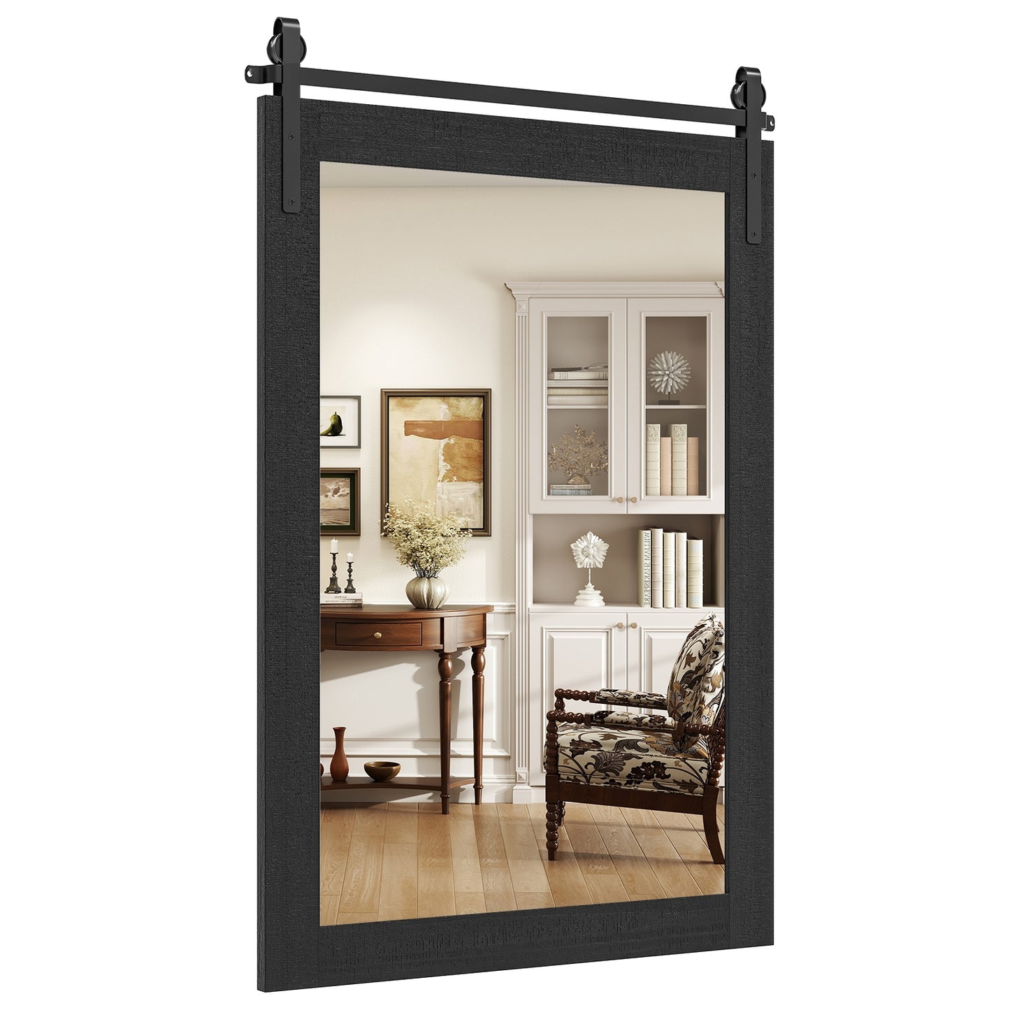 Rustic Farmhouse Barn Door Wall Mirror with Solid Wood Frame - Black