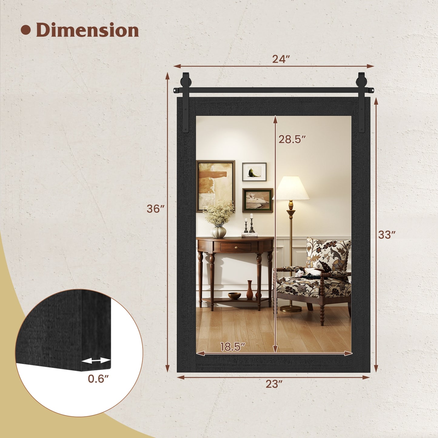 Rustic Farmhouse Barn Door Wall Mirror with Solid Wood Frame - Black
