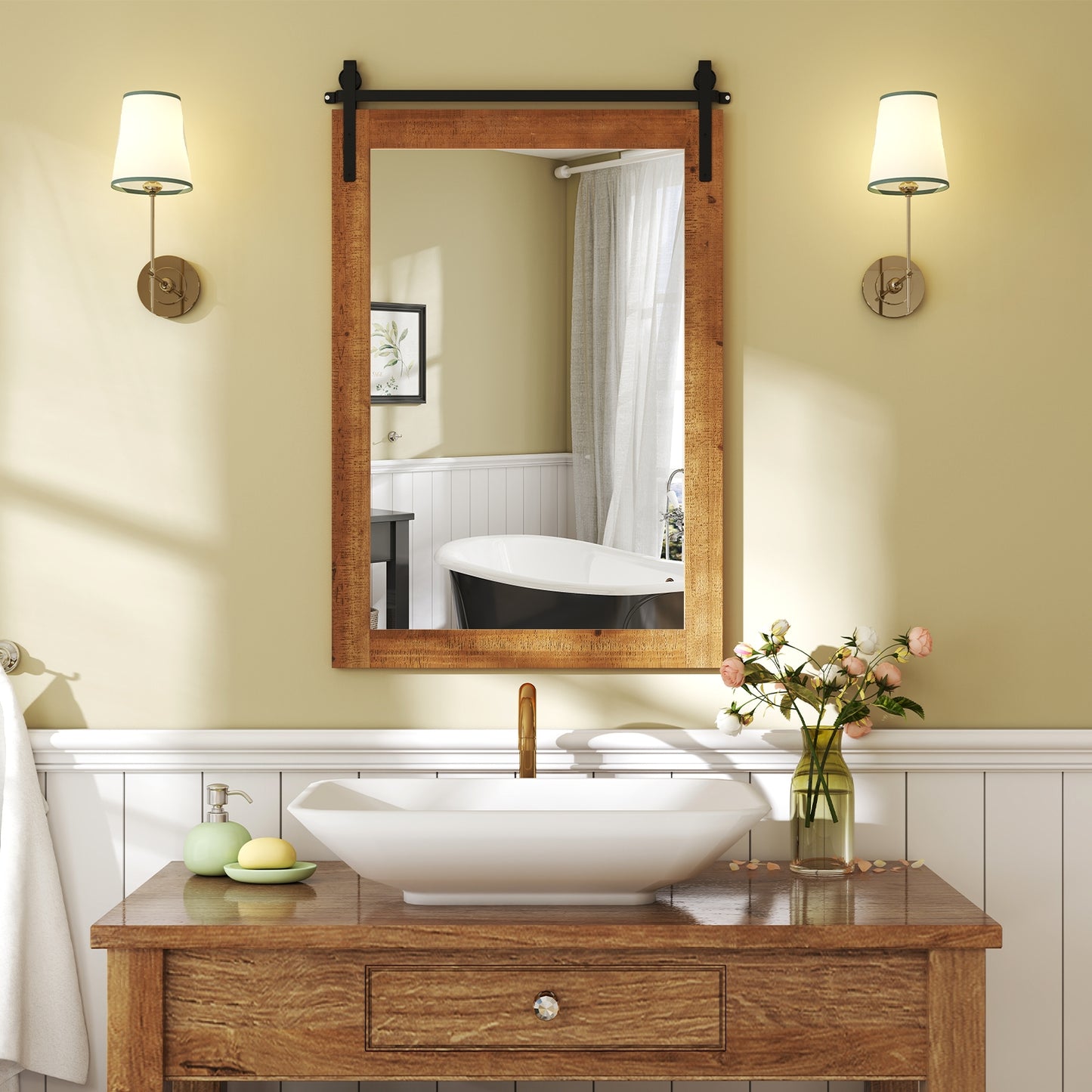Rustic Farmhouse Barn Door Wall Mirror with Solid Wood Frame - Brown