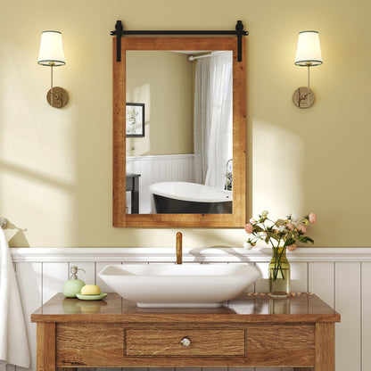 Rustic Farmhouse Barn Door Wall Mirror with Solid Wood Frame - Brown