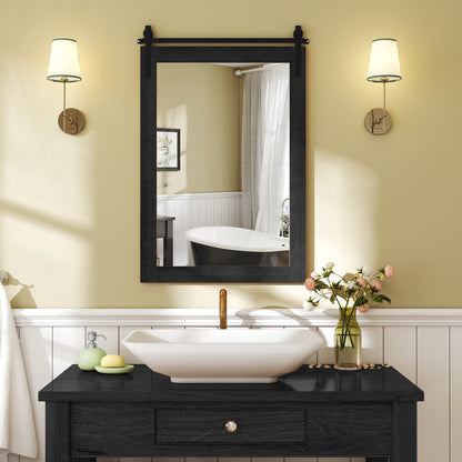 Rustic Farmhouse Barn Door Wall Mirror with Solid Wood Frame - Black
