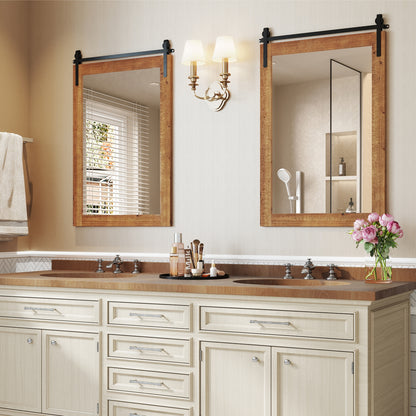 Rustic Farmhouse Barn Door Wall Mirror with Solid Wood Frame - Brown