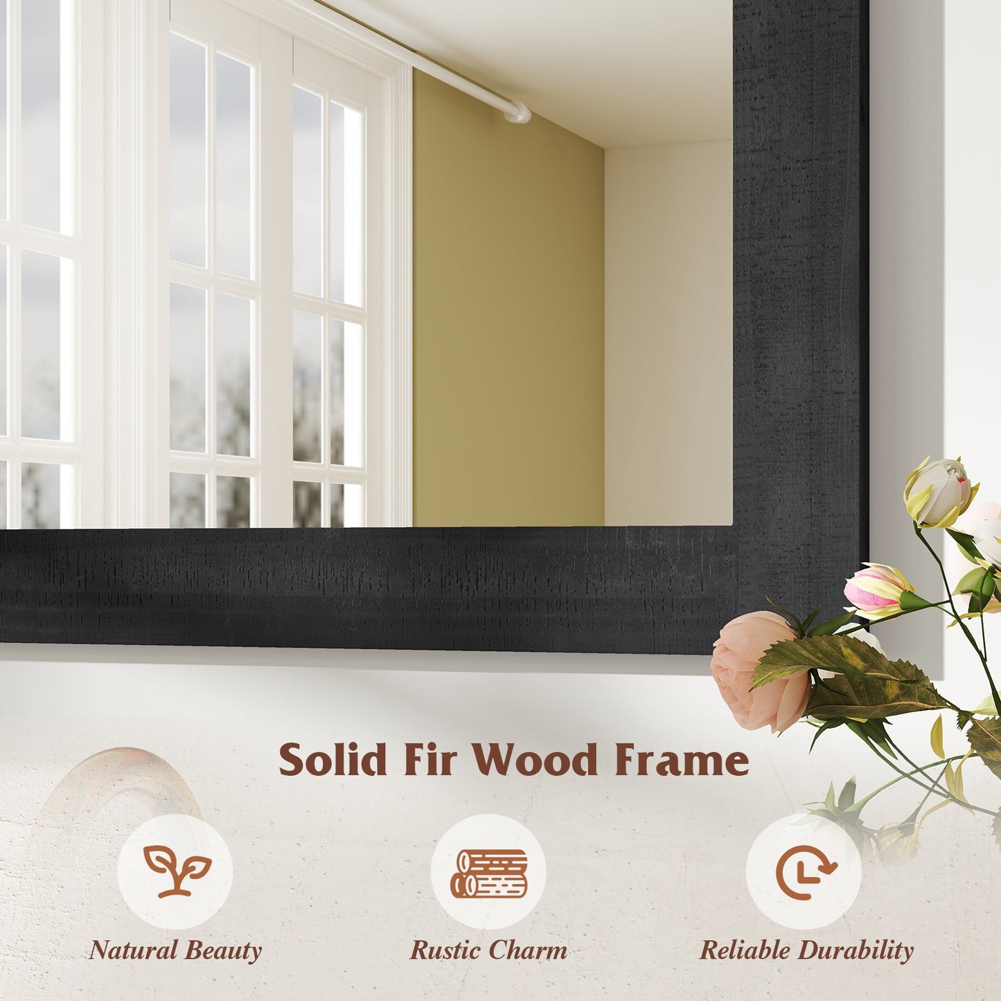Rustic Farmhouse Barn Door Wall Mirror with Solid Wood Frame - Black