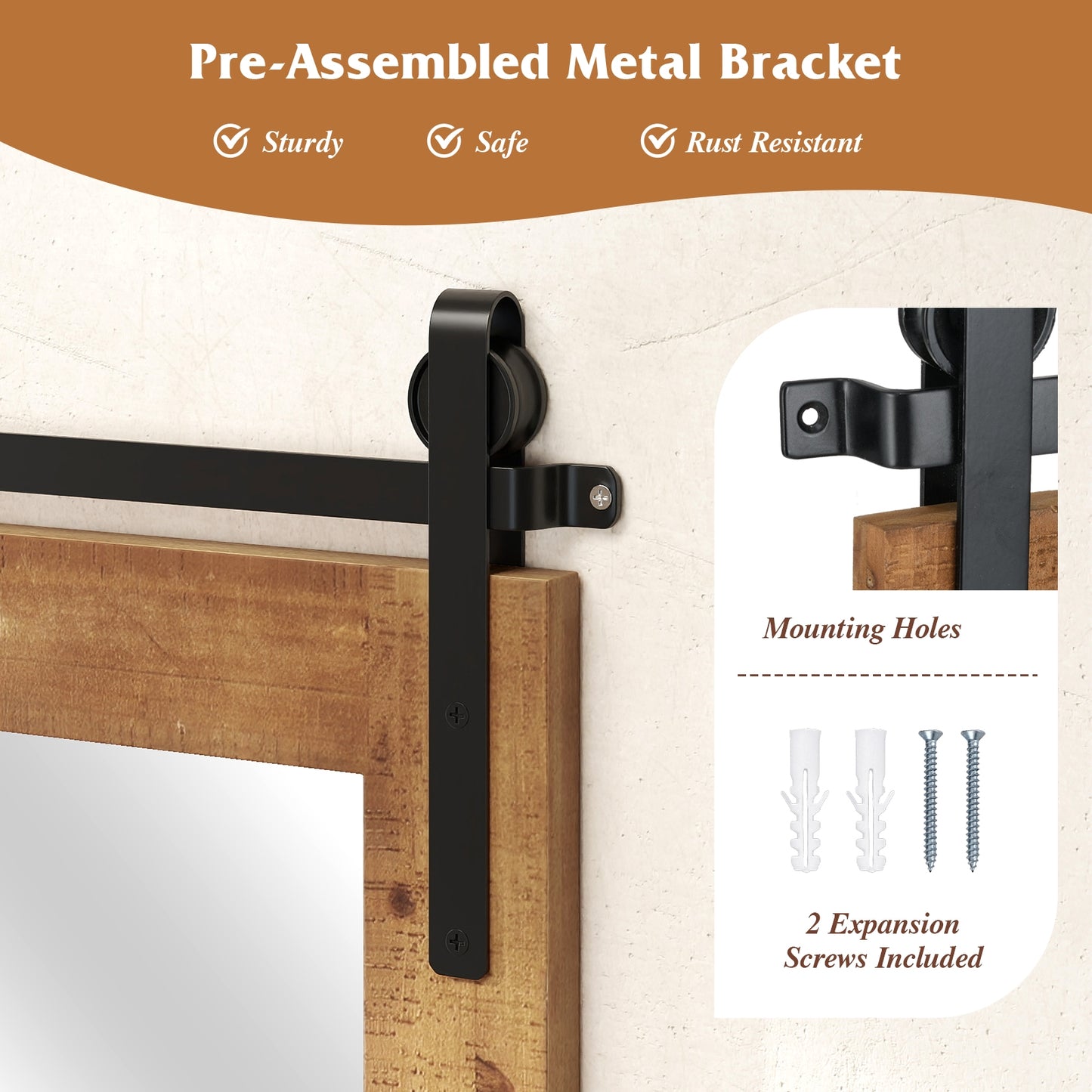 Rustic Farmhouse Barn Door Wall Mirror with Solid Wood Frame - Brown
