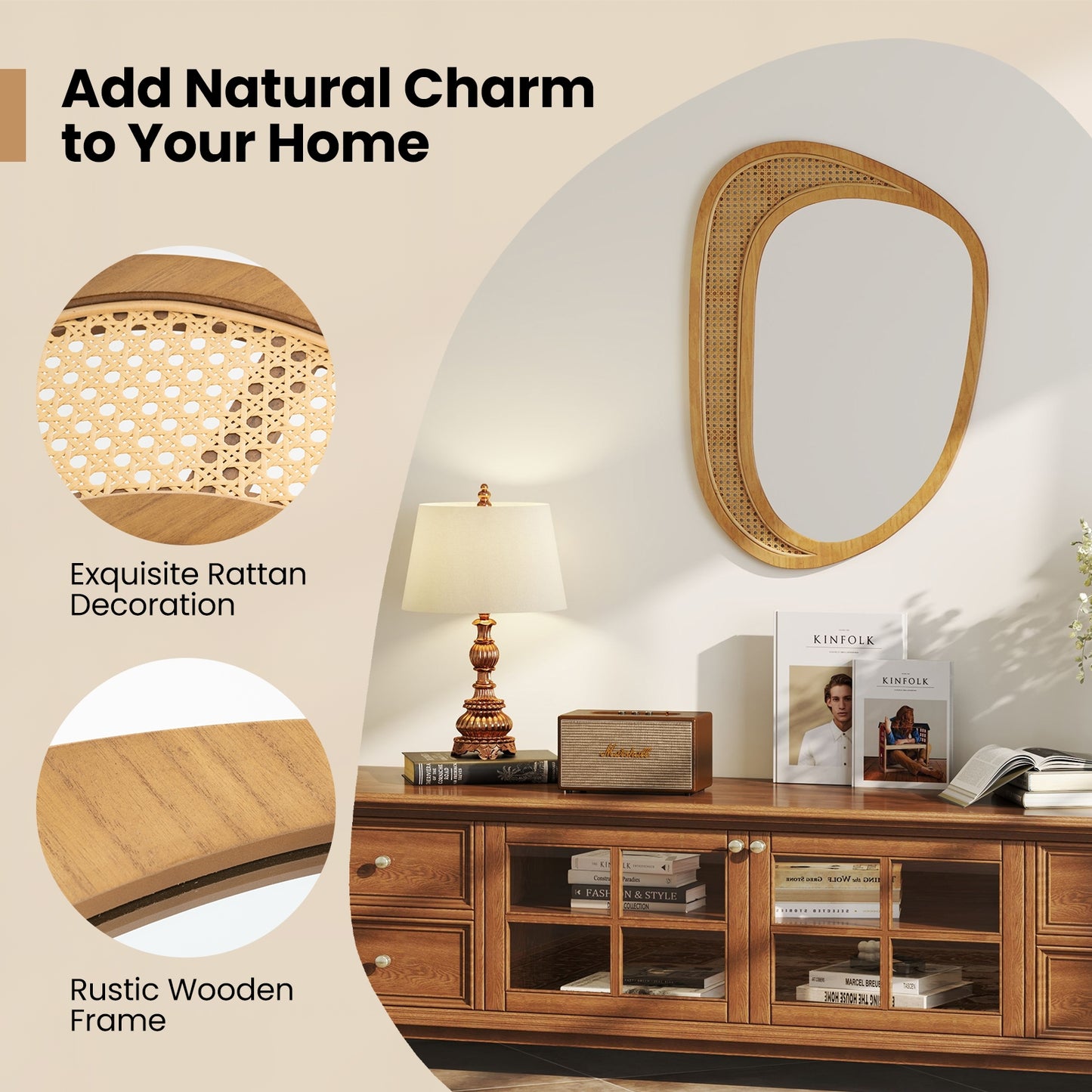Boho Chic Irregular Wall Mirror with Wooden Frame – Decorative Accent for Any Room