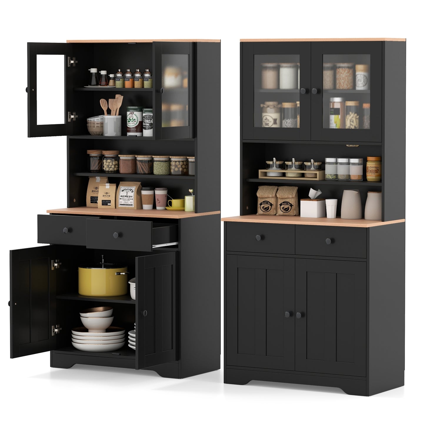 Kitchen Pantry Cabinet with Adjustable Shelves and Spacious Storage - Black