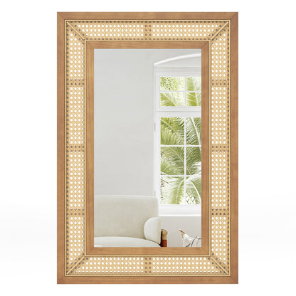 Bohemian Rattan Decorative Wall Mirror with Wooden Frame