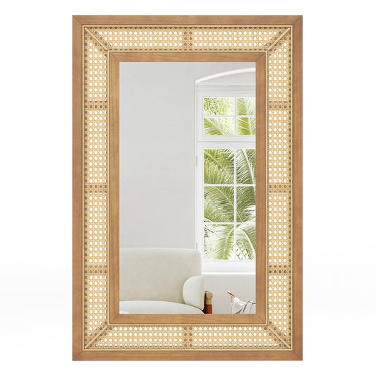 Bohemian Rattan Decorative Wall Mirror with Wooden Frame