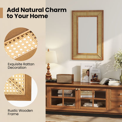 Bohemian Rattan Decorative Wall Mirror with Wooden Frame