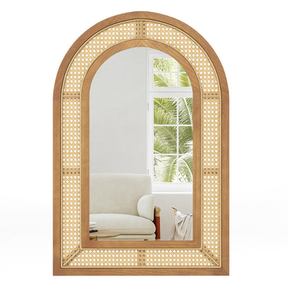 35.5 Inches x 23.5 Inches Rattan Wall Mirror with Rustic Wooden Frame