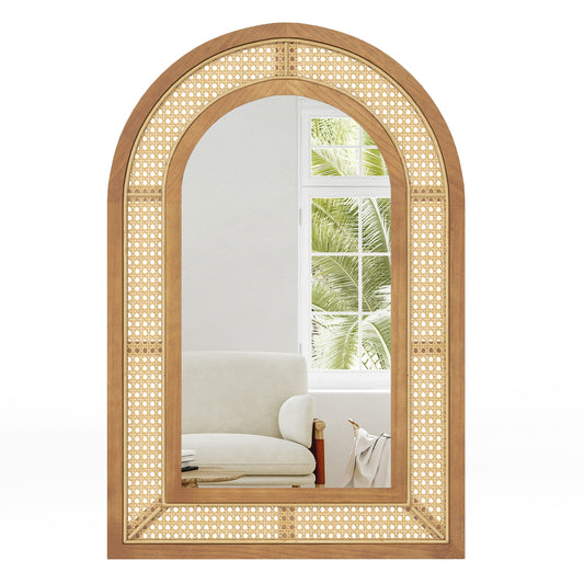35.5 Inches x 23.5 Inches Rattan Wall Mirror with Rustic Wooden Frame