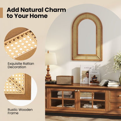 35.5 Inches x 23.5 Inches Rattan Wall Mirror with Rustic Wooden Frame