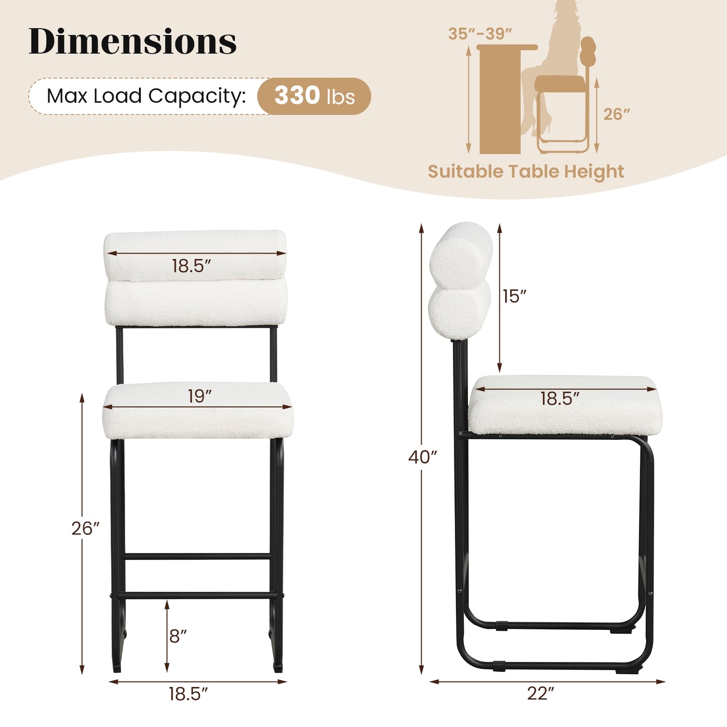 Counter Height Bar Stools Set of 2 with Metal Frame and Comfortable Footrest – 26 Inch, White