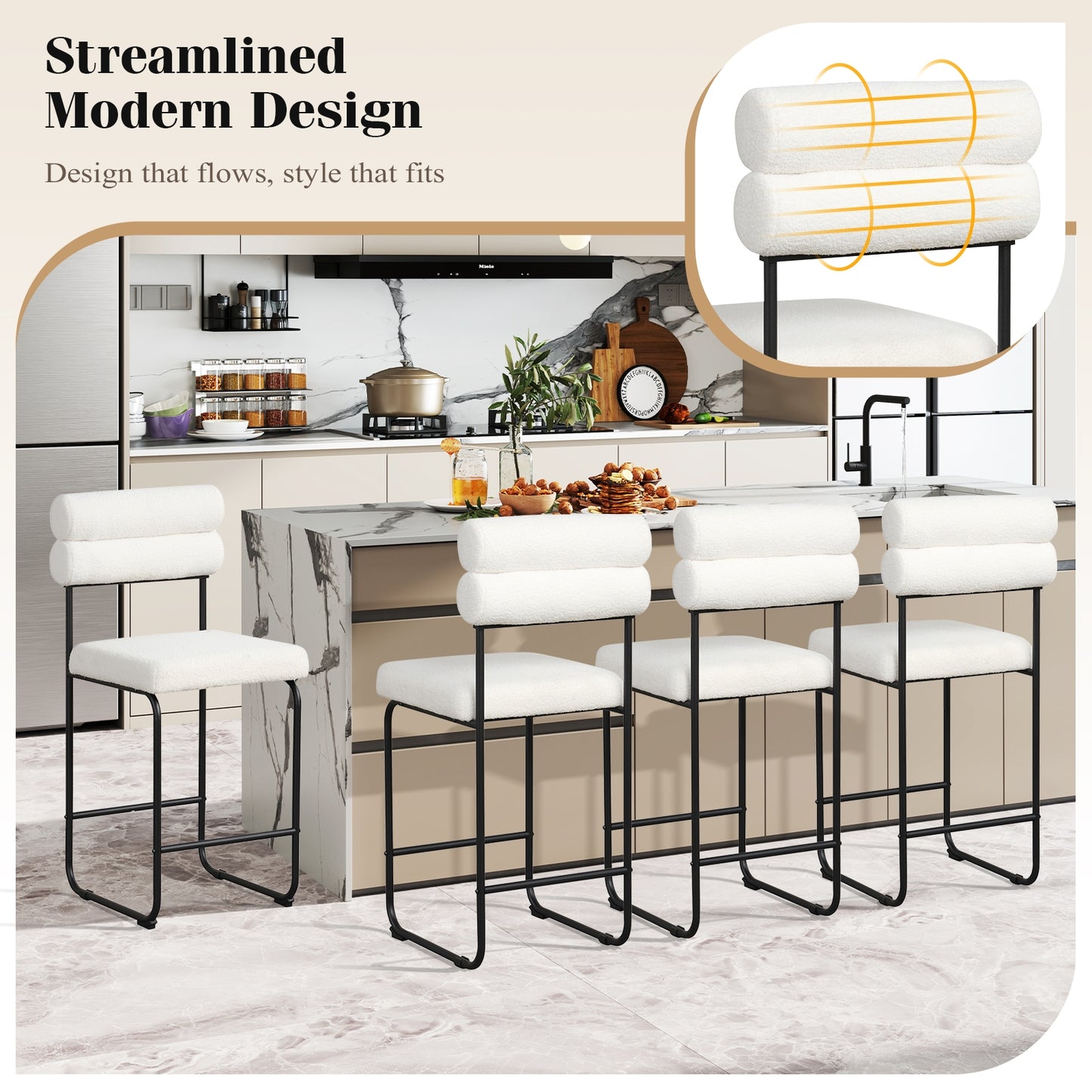 Counter Height Bar Stools Set of 2 with Metal Frame and Comfortable Footrest – 26 Inch, White