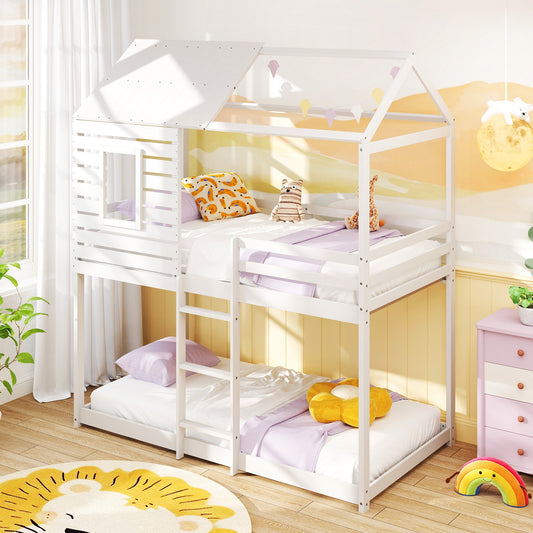 Charming Twin Over Twin House Bunk Bed with Roof, Window, and Safety Guardrails