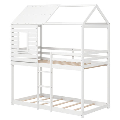Charming Twin Over Twin House Bunk Bed with Roof, Window, and Safety Guardrails