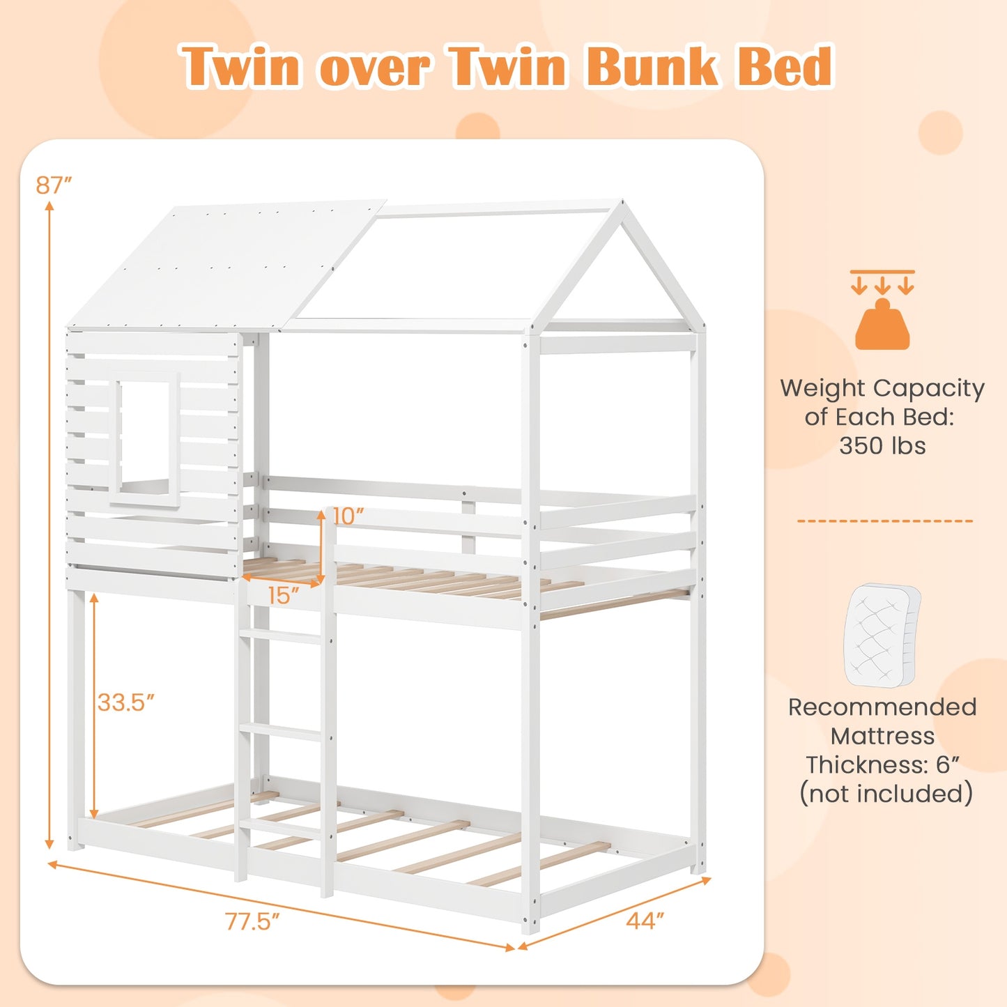 Charming Twin Over Twin House Bunk Bed with Roof, Window, and Safety Guardrails