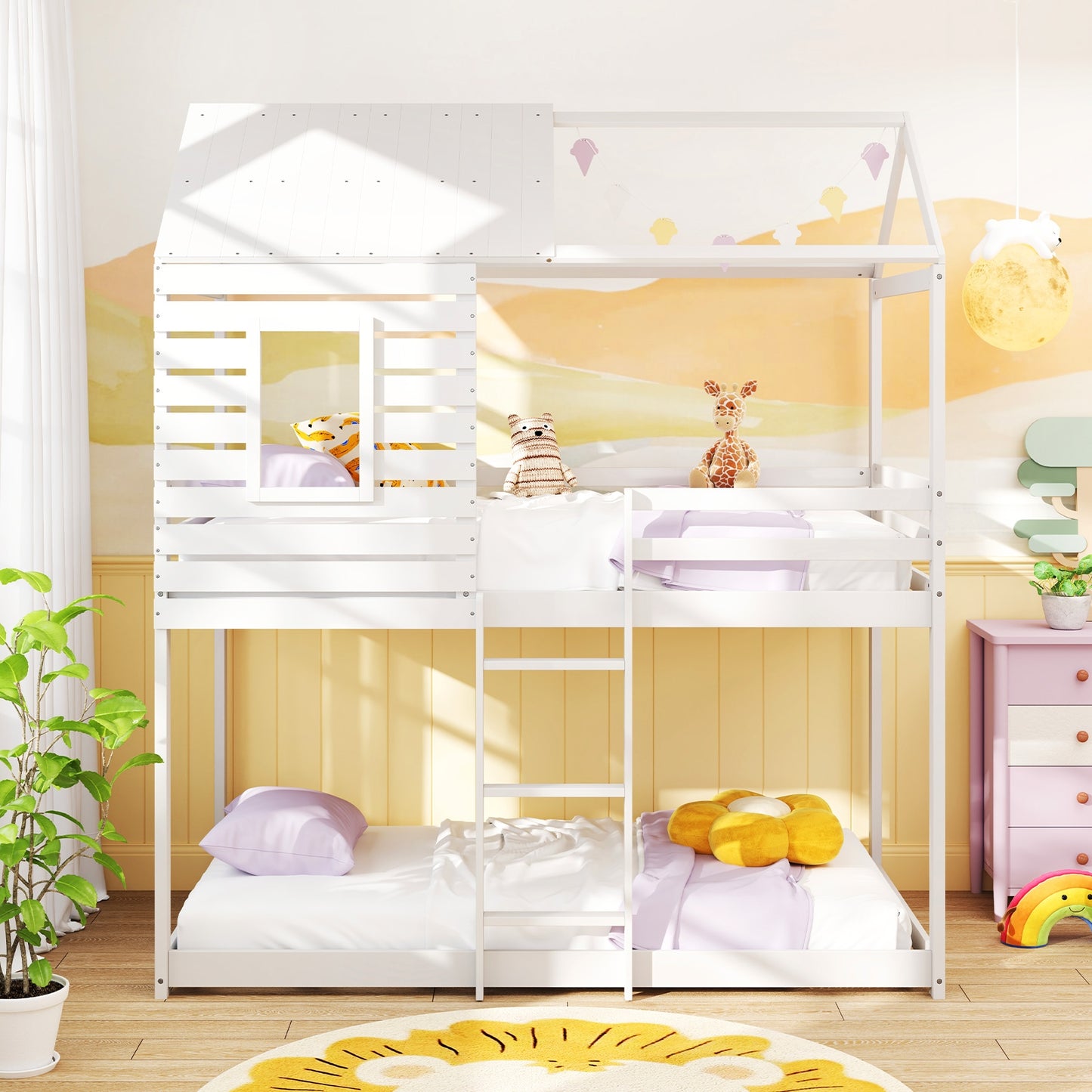 Charming Twin Over Twin House Bunk Bed with Roof, Window, and Safety Guardrails