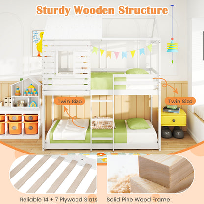 Charming Twin Over Twin House Bunk Bed with Roof, Window, and Safety Guardrails
