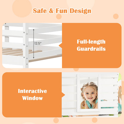 Charming Twin Over Twin House Bunk Bed with Roof, Window, and Safety Guardrails