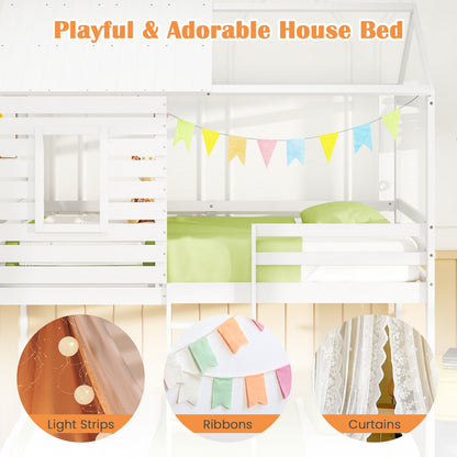 Charming Twin Over Twin House Bunk Bed with Roof, Window, and Safety Guardrails