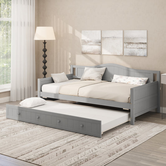 Twin Size Daybed with Trundle, Slat Support & Rolling Wheels - Grey