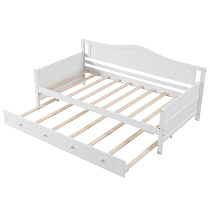 Twin Size Daybed with Trundle, Slat Support & Rolling Wheels - White
