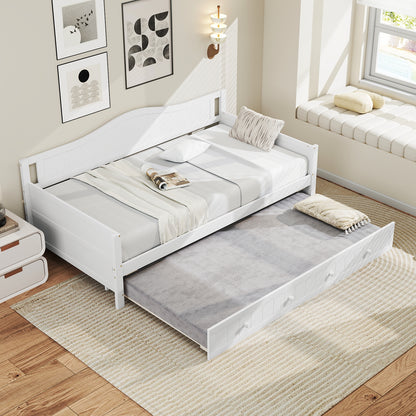 Twin Size Daybed with Trundle, Slat Support & Rolling Wheels - White