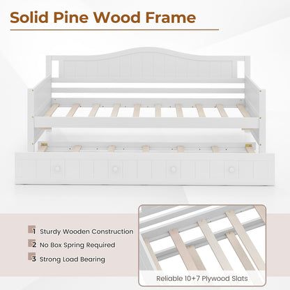 Twin Size Daybed with Trundle, Slat Support & Rolling Wheels - White