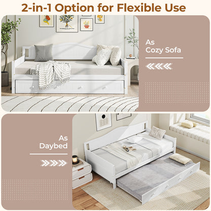 Twin Size Daybed with Trundle, Slat Support & Rolling Wheels - White