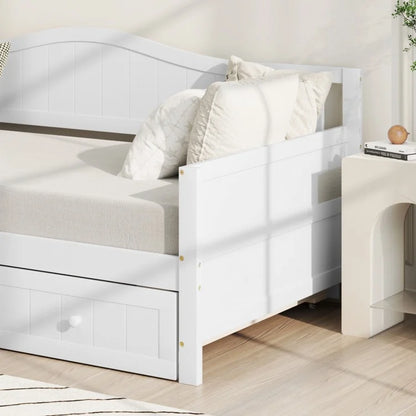 Twin Size Daybed with Trundle, Slat Support & Rolling Wheels - White