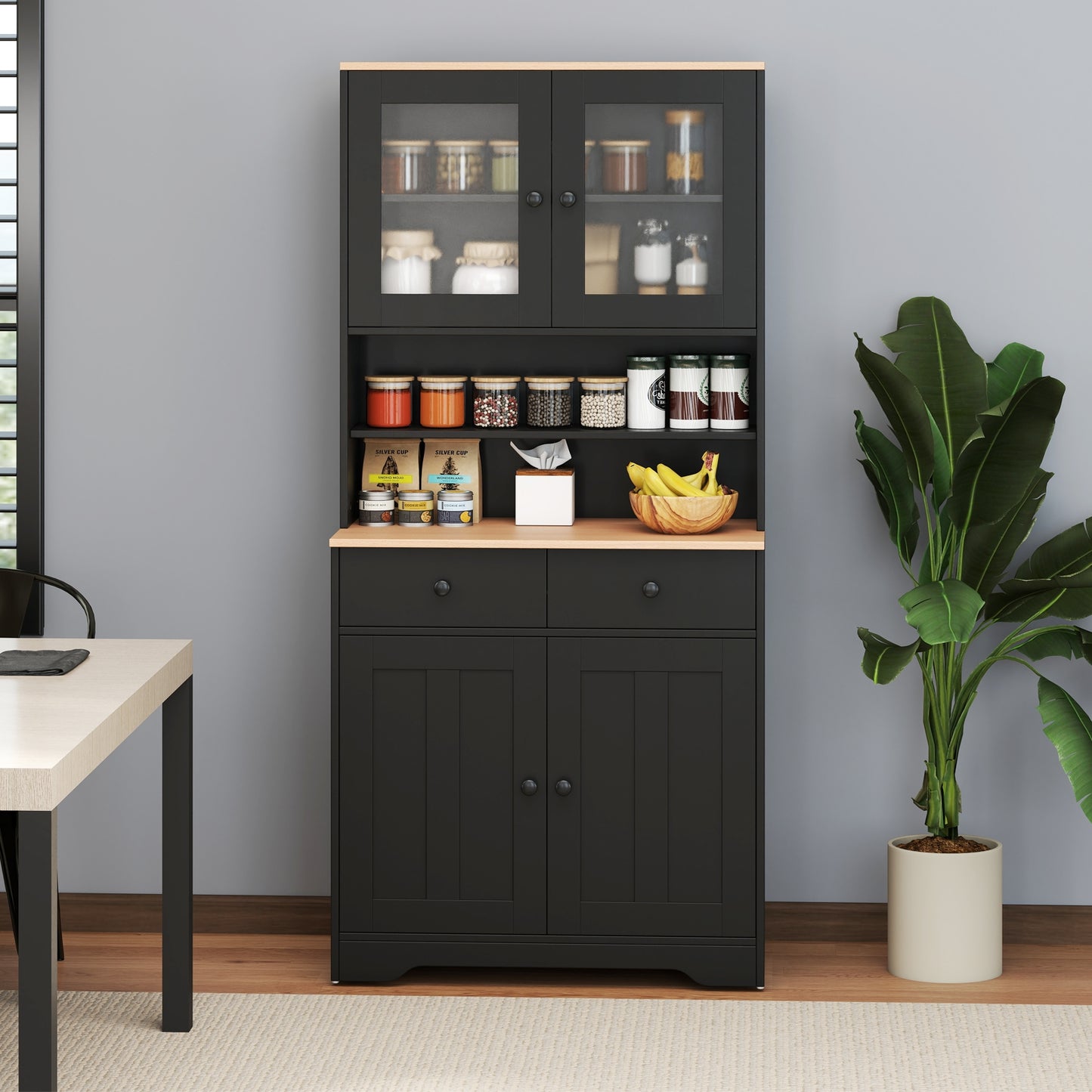 Kitchen Pantry Cabinet with Adjustable Shelves and Spacious Storage - Black