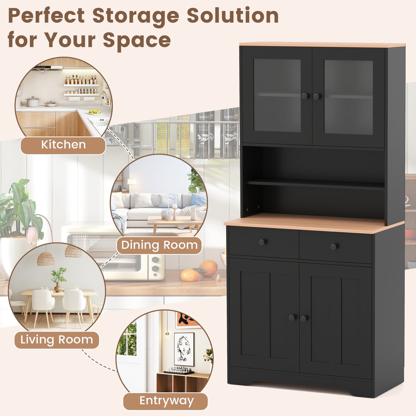 Kitchen Pantry Cabinet with Adjustable Shelves and Spacious Storage - Black