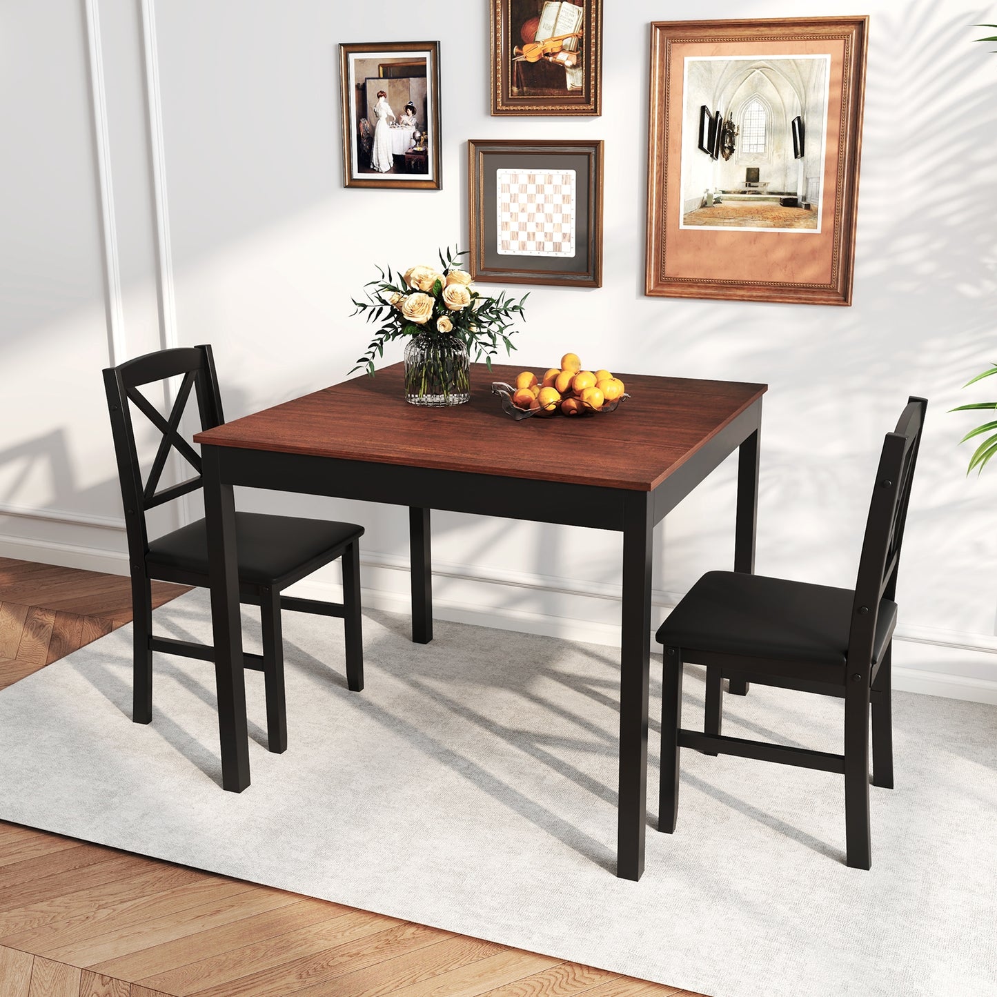 3-Piece Wooden Dining Set Square Table with 2 Chairs - Brown