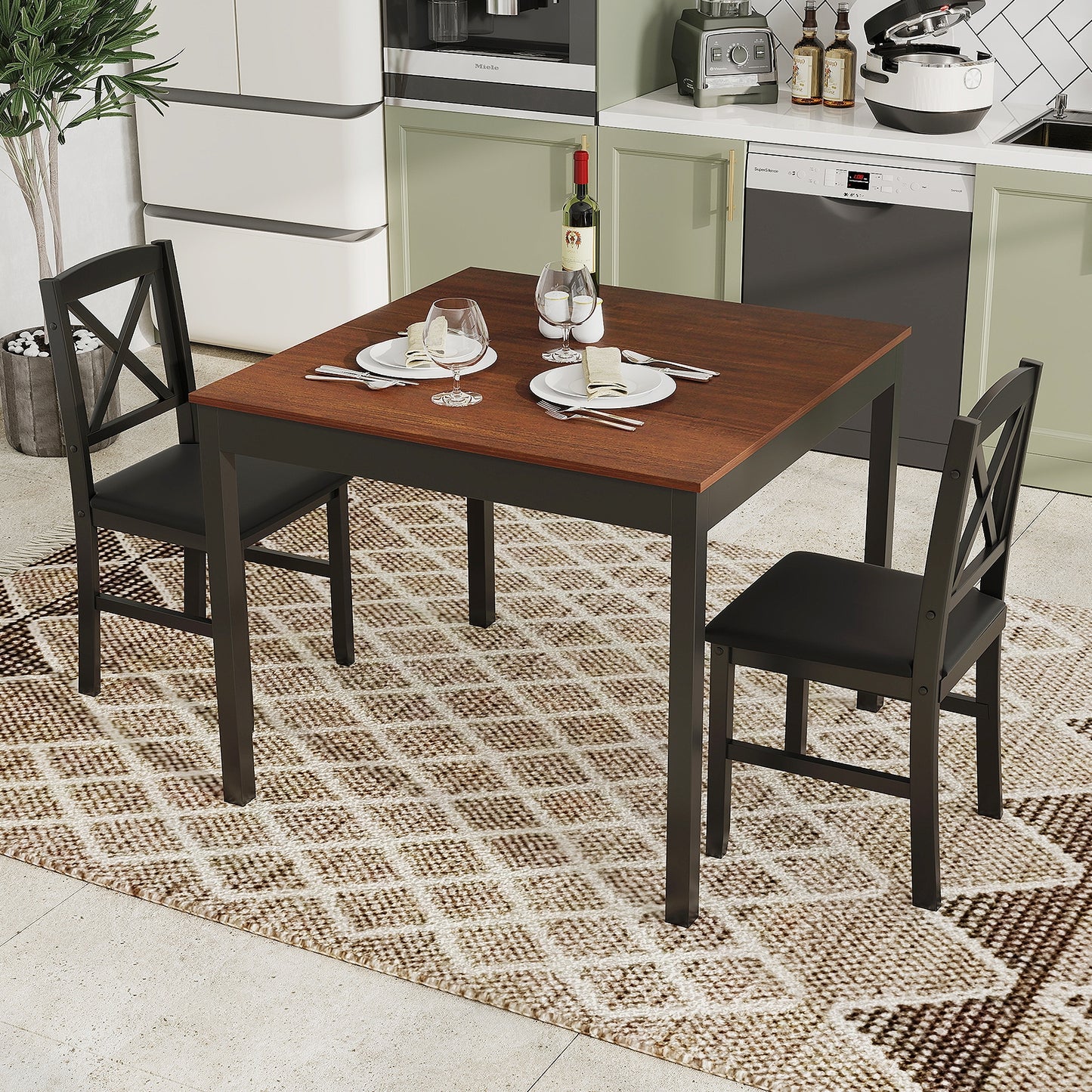 3-Piece Wooden Dining Set Square Table with 2 Chairs - Brown