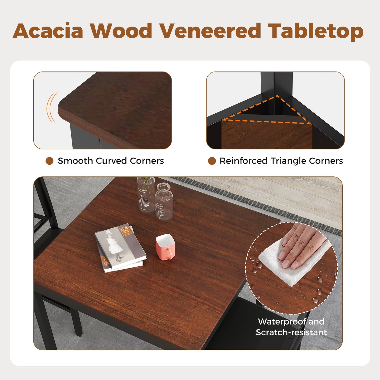 3-Piece Wooden Dining Set Square Table with 2 Chairs - Brown