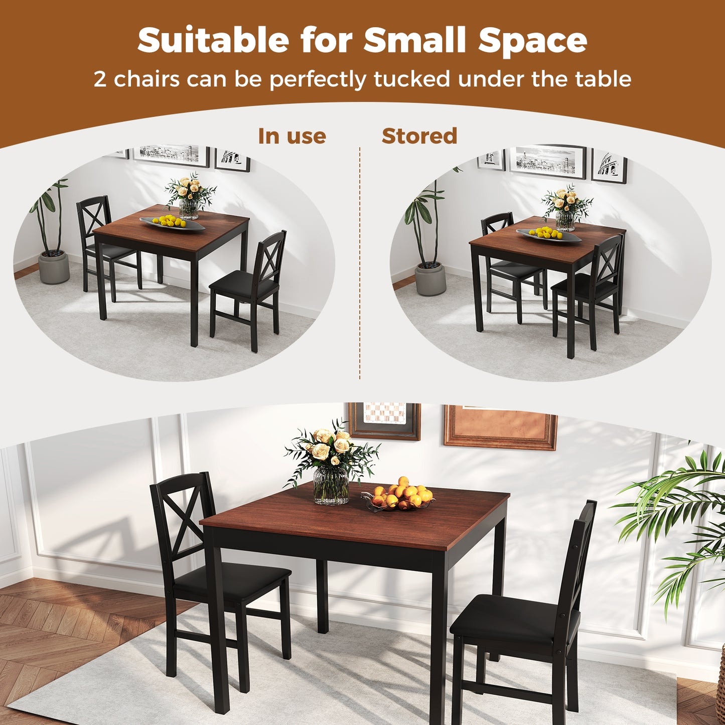 3-Piece Wooden Dining Set Square Table with 2 Chairs - Brown
