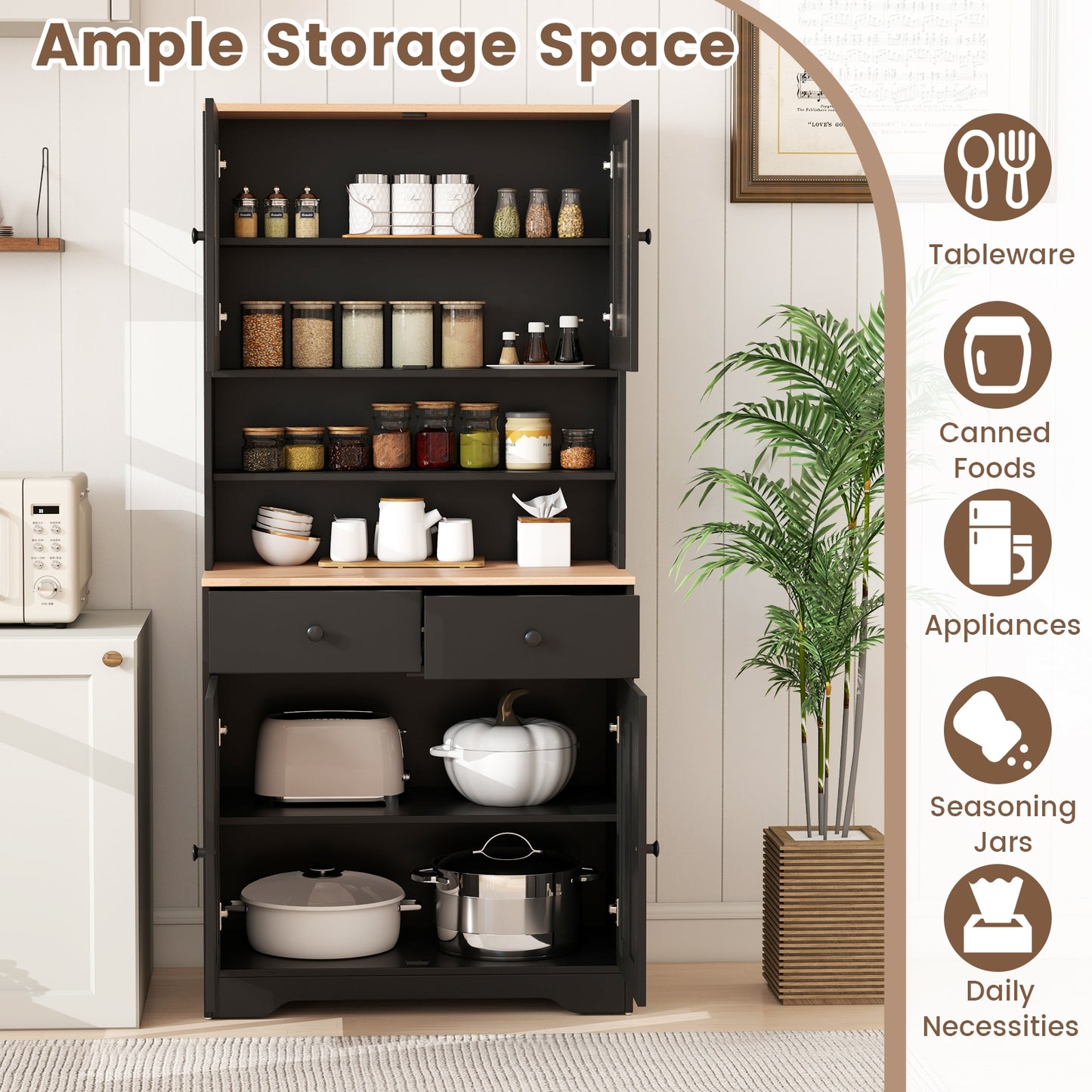 Kitchen Pantry Cabinet with Adjustable Shelves and Spacious Storage - Black