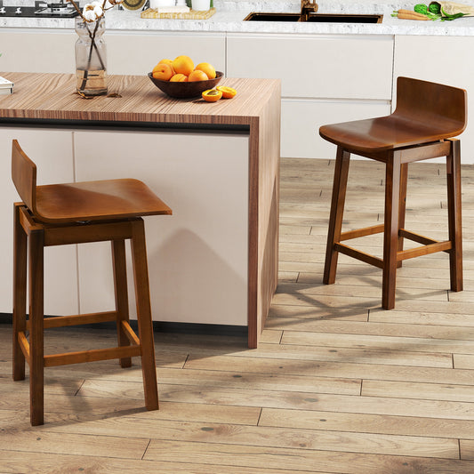 24.5 Inch Wooden Swivel Bar Stools with Low Back and Rubber Wood Legs Set of 2